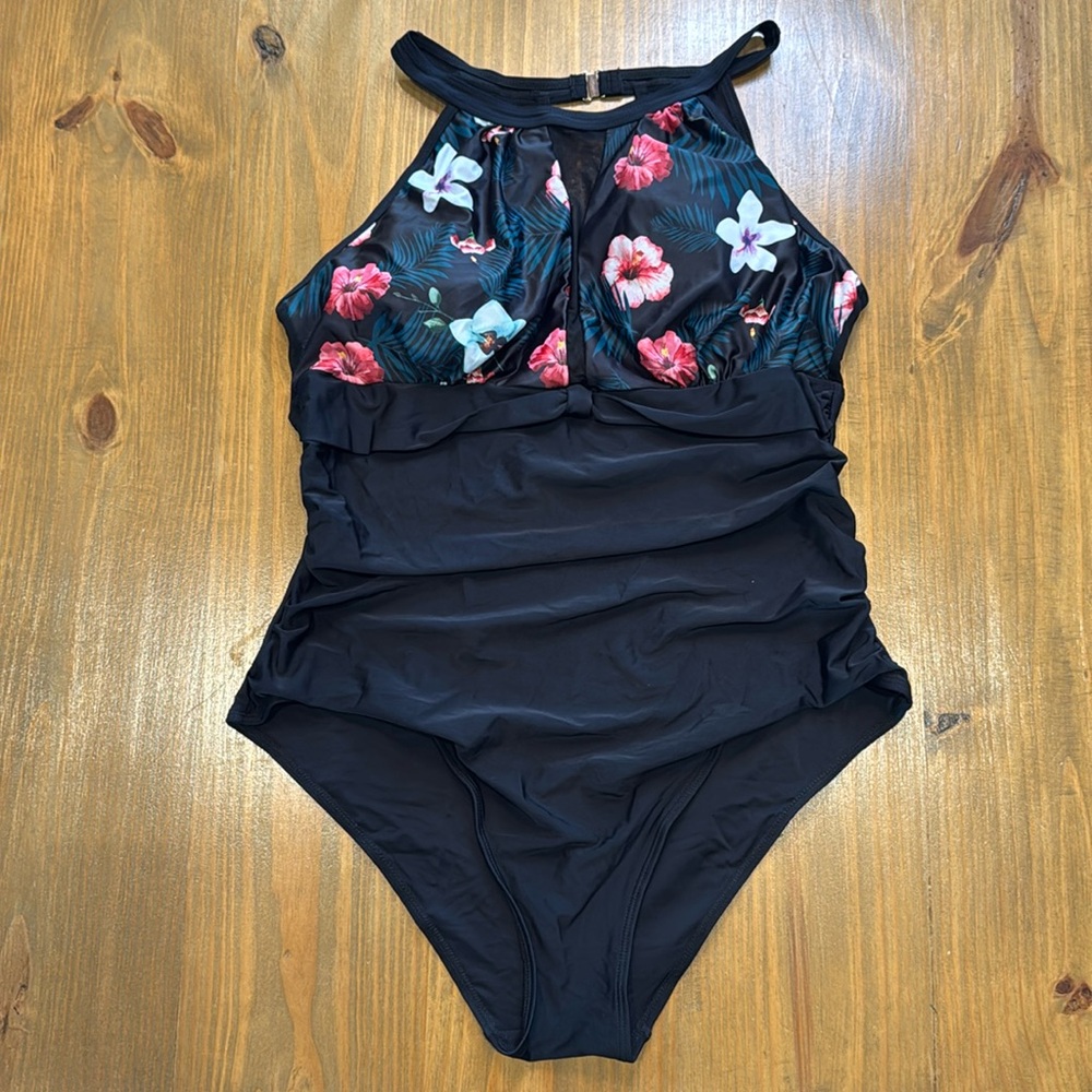 NWOT TEMPT ME One Piece Swimsuit High Neck Plunge Ruched Tummy Control Black XXL
